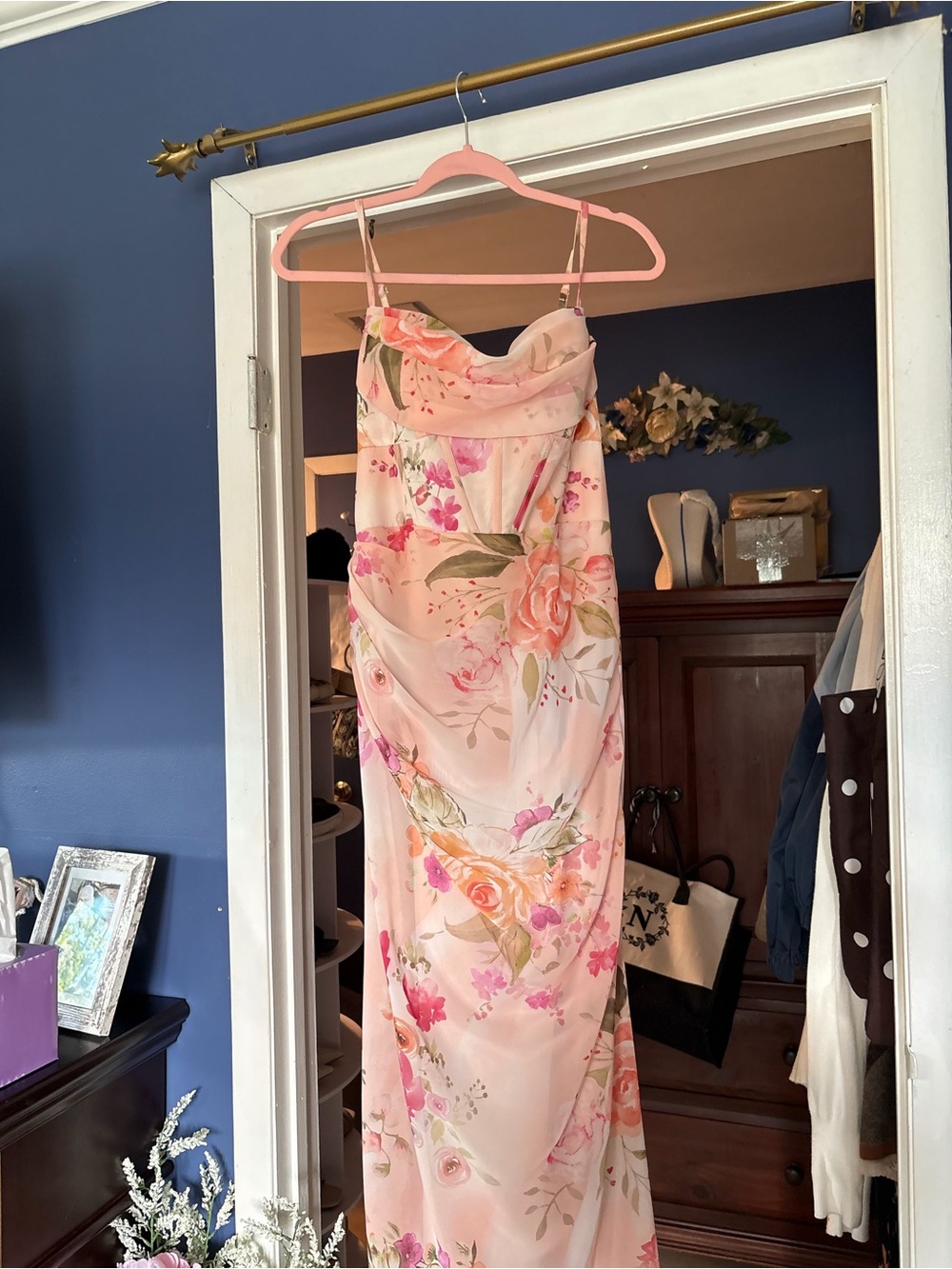Azazie Pink Floral Strapless Gown